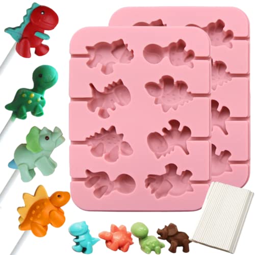 Crethink 2 Stück Dinosaurier Silikon-Schokoladenformen Lolly Form, 8-Hohlraum Hartbonbon-Eiswürfelform mit 20 Papierstäbchen für DIY-Pralinen, Bonbons, Gelees, Partys, Geburtstage von Crethink