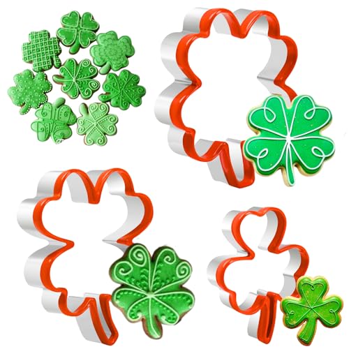 Crethink 3-teiliges Keksausstecher-Set mit Kleeblatt und vierblättrigem Kleeblatt, Ausstechformen aus Edelstahl zum St. Patrick's Day, beschichtet mit Weich-PVC zum Schutz, Oster-Ausstechformen. von Crethink