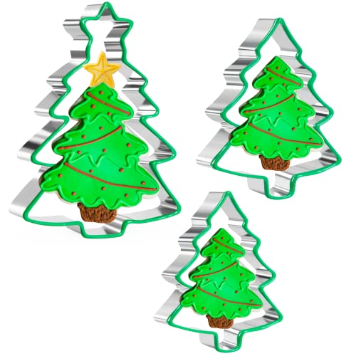 Crethink Ausstecher Tannenbaum-Set, 3 Stück Weihnachtsbaum-Keksausstecher mit Stern, Edelstahl mit weichem Silikonrand für Weihnachtsferien von Crethink