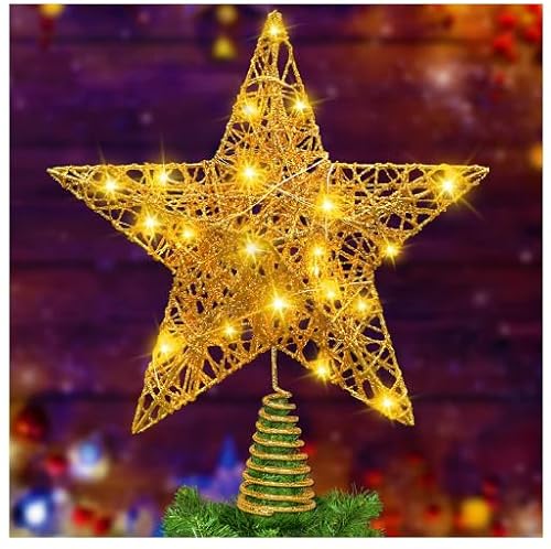Crethink Weihnachtsbaumschmuck mit 20 LED-Lichtern, Gold Glitzer Metallic Christbaumschmuck für Familientreffen Feiertage Winter Weihnachtsschmuck, Warmweiß von Crethink