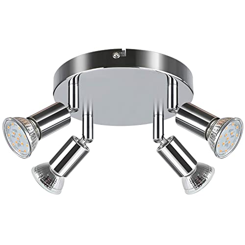 Creyer LED Deckenstrahler 4 Flammig, Schwenkbar LED Deckenleuchte, ø180mm (inkl. 4 x 4W GU10 LED Leuchtmittel, 400LM, Warmweiß) Modern Wohnzimmer LED Deckenspot, Rund LED Deckenlampe - Weiß Chrome von Creyer