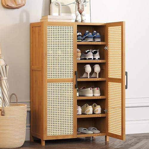 Cribricea Handgefertigter Schuhschrank aus natürlichem Rattan mit Klappschubladen, Korbschuh- und Schrankaufbewahrung for Stiefel mit hohen Absätzen und Hausschuhen(Double Door,10 Floors) von Cribricea