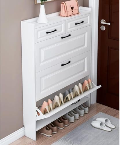 Cribricea Moderner, schmaler Schuhschrank aus Holz mit Schubladen und Belüftungslöchern, geeignet für Eingangsbereich, Flur und Schlafzimmer, weiß verdickt(Thin,55cm/21.7in) von Cribricea