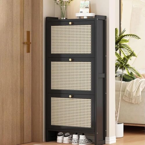 Cribricea Moderner Schuhschrank aus Kunststoff-Rattan mit 3 Klappregalen, freistehender Schuhschrank aus Bambus for Flur, Eingangsbereich, Lager, Schlafzimmer, Schwarz(B) von Cribricea