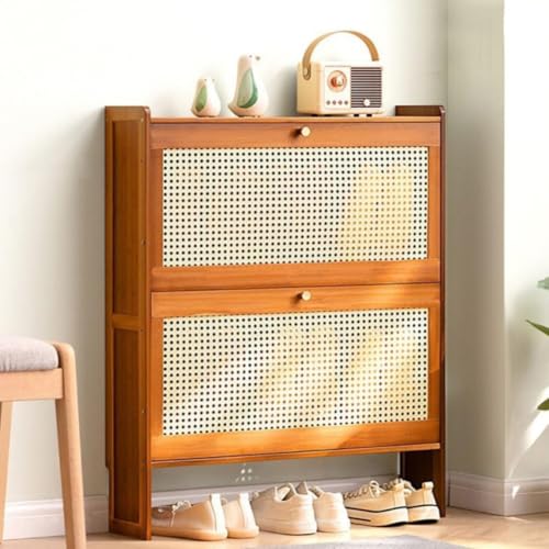 Cribricea Schmaler Rattan-Schuhschrank zur Aufbewahrung im Flur, stilvoller Schuhschrank aus Holz, Moderne Rattan-Schlafzimmermöbel, platzsparende Schuhaufbewahrungslösung(A,Two Doors~68CM) von Cribricea