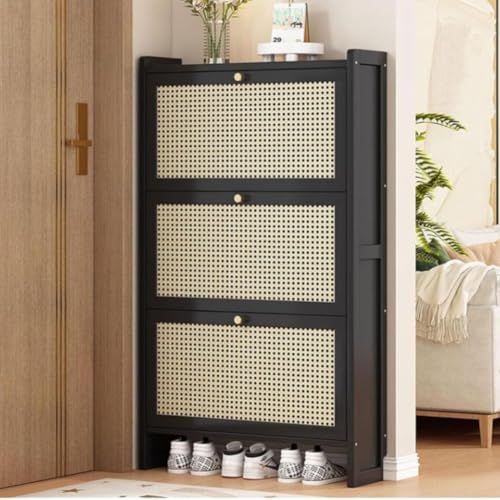 Cribricea Schmaler Rattan-Schuhschrank zur Aufbewahrung im Flur, stilvoller Schuhschrank aus Holz, Moderne Rattan-Schlafzimmermöbel, platzsparende Schuhaufbewahrungslösung(B,Three Doors~68CM) von Cribricea