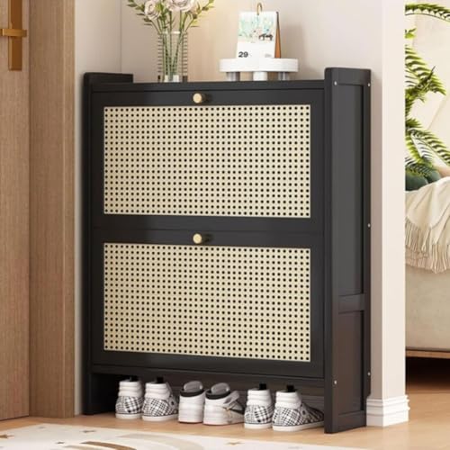 Cribricea Schmaler Rattan-Schuhschrank zur Aufbewahrung im Flur, stilvoller Schuhschrank aus Holz, Moderne Rattan-Schlafzimmermöbel, platzsparende Schuhaufbewahrungslösung(B,Two Doors~68CM) von Cribricea