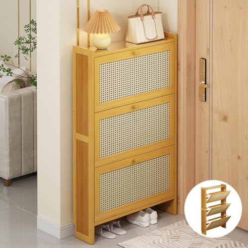 Cribricea Schmaler Rattan-Schuhschrank zur Aufbewahrung im Flur, stilvoller Schuhschrank aus Holz, Moderne Rattan-Schlafzimmermöbel, platzsparende Schuhaufbewahrungslösung(C,Three Doors~50CM) von Cribricea