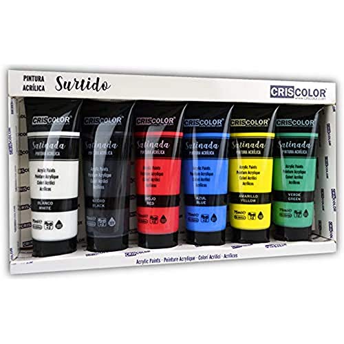 Criscolor 8435621413236 Acrylfarben-Set, 6 Farben, für Leinwände und Bastelarbeiten, sortiert, 75 ml (6 Stück) von Criscolor