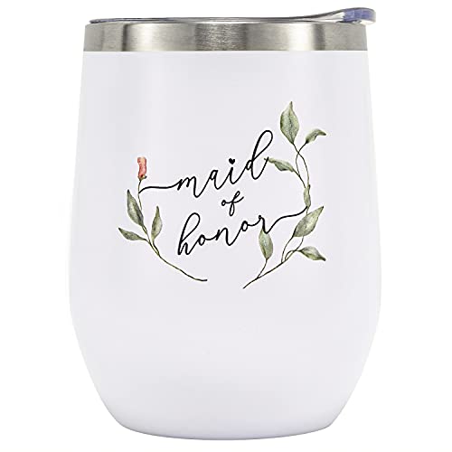 Crisky Maid of Honor Gifts – Greenery Maid of Honor Weinbecher aus Glas mit Strohhalm für Brautjungfer, I Do Crew, Bride Tribe, Team Bride, vakuumisolierter Becher mit Box, Deckel, Strohhalm von Crisky