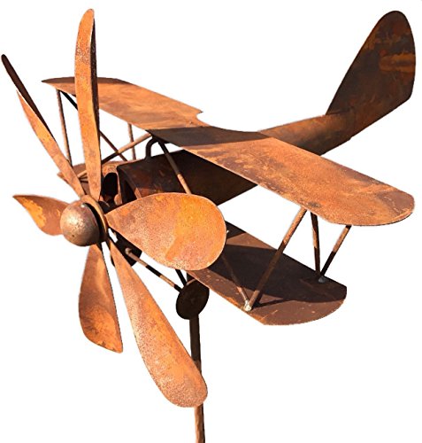 Metall Windrad 'Flugzeug' - massives Windspiel Windmühle für den Garten - wetterfest und standfest - mit bestem Kugellager - aus Vollmetall mit Edelrost-Patina – Höhe 167 cm von Crispe home & garden