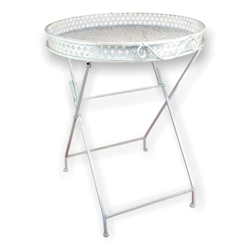 Stehtablett Beistelltisch Klapptisch Klapptablett rund aus Metall – Tisch klappbar für Indoor und Outdoor in antikweiß, 65 x 50 x 50 cm von Crispe