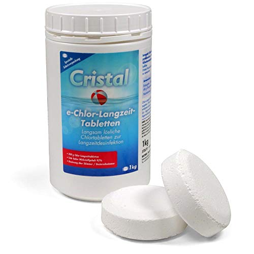 Cristal Chlor Langzeit-Tabletten 200g - 1 kg Eimer - Langzeitdesinfektion für Pools - Stabilisiertes Chlor - Effektive Wasserpflege für Pools ab 20m³ von Cristal