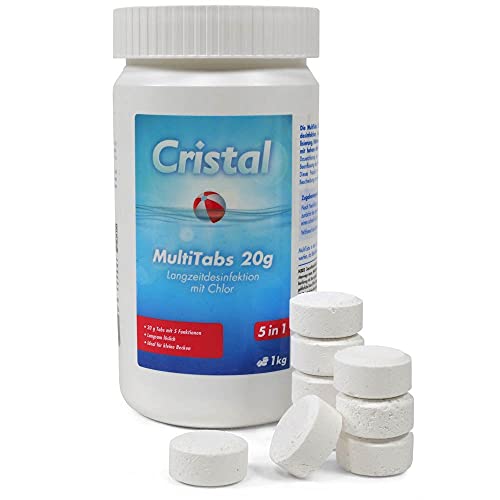 MultiTabs Chlor mit 5 Funktionen | 20 g Multifunktionstablette | Langsam löslich | Langzeitdesinfektion Algenvernichtung Trübungsentfernung Chlorstabilisierung Härtestabilisator | Für kleine Becken von Cristal