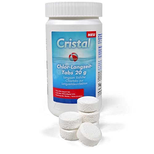 20 g Chlor-Langzeit-Tabs 1 Kg Dose für Pools ab 2.000 l | Langsam lösliche Chlortabs zur Langzeitdesinfektion | Sehr hoher Aktivchlorgehalt | Dosierung über Skimmer Dosierschwimmer Stabilisator von Cristal