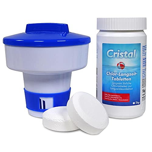 E-Chlor Langzeit Tabletten 1 kg Dose - 200 g Chlortabletten zur Langzeitdesinfektion - für Pools ab 20.000 l - Langsam löslich - Hoher Aktivchlorgehalt von Cristal