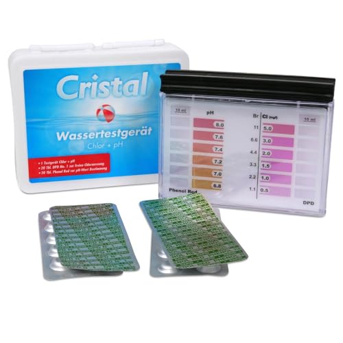 Cristal Wassertestgerät Chlor & pH für die schnelle Wasseranalyse - Chlor DPD 1 - pH-Wert Phenol Red - Manueller Pooltester mit 6 Skalenwerten - Schnell und unkompliziert inkl. Testtabletten von Cristal