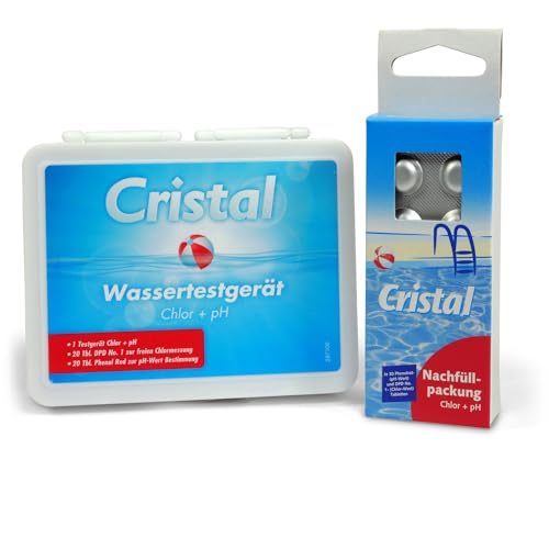 Cristal Pool Chlor & pH Wassertester + Nachfüllpackung - Pooltester manuell - Inklusive pH-Wert Phenol Red & Chlor DPD 1 Testtabletten von Cristal