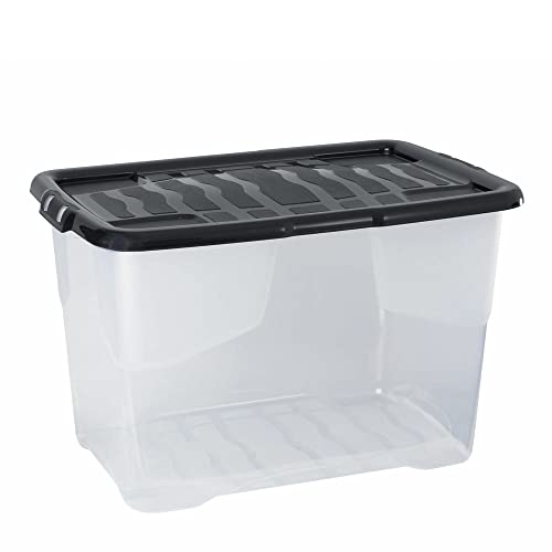 3 Stück - Strata Curve Aufbewahrungsbox mit schwarzem Deckel, 65 Liter, 60x40x37cm - transparent von Cristalray