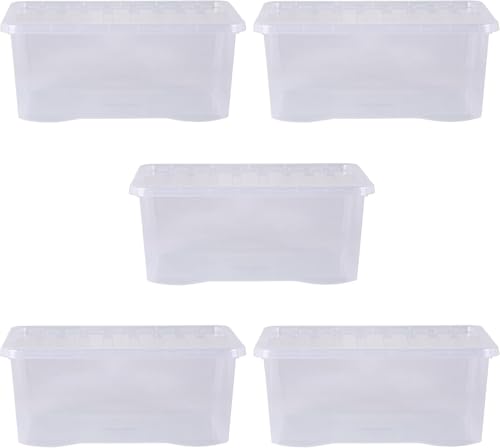 Wham 45-Liter-Speicher klare Kunststoff-Aufbewahrungsboxen mit Deckeln für Zuhause und Büro, stapelbar und nestbar, Set aus 5 großen Aufbewahrungsboxen mit Deckeln, 60 x 40 x 25 cm von Wham