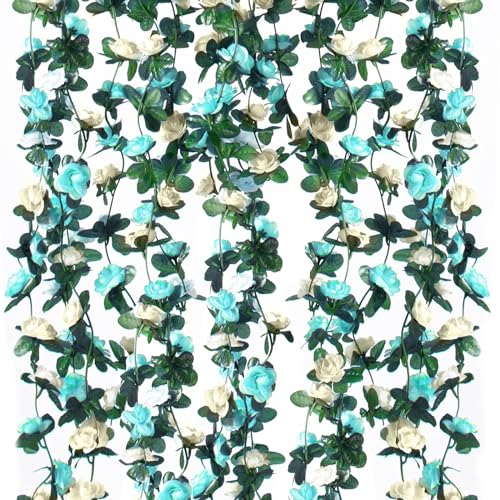 6 Stück 49FT Künstliche Girlande Weiß blau Blumengirlande Rosen Reben Seidenblumen im Freien Hängend Kunstblumen Deko für Hochzeit Schlafzimmer Wand Kulisse Garten Dekoration von Criveple