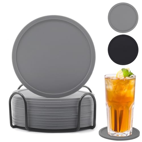 Untersetzer Gläser, 12er Set Silikon Glasuntersetzer rutschfest und Isoliert Glas Untersetzer-Set, Rund Glasuntersetzer Grau mit Halter, für Getränke, Bar, Tassen, Glas – Tischuntersetzer Untersetzer Gläser, 12er Set Silikon Glasuntersetzer rutschfest und Isoliert Glas Untersetzer-Set, Rund Glasuntersetzer Grau mit Halter, für Getränke, Bar, Tassen, Glas – Tischuntersetzer von Criveple