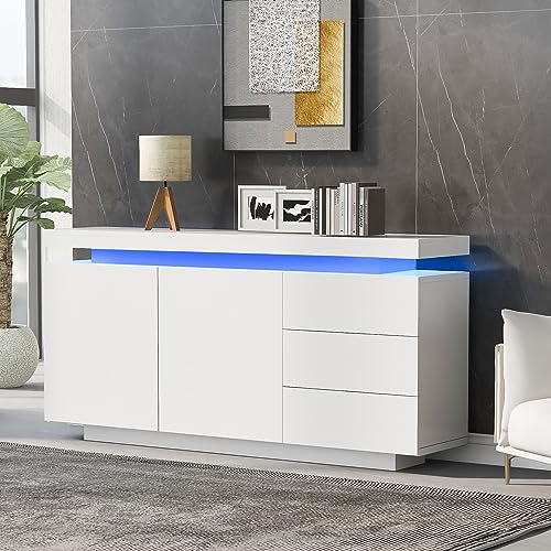 (306338342WAA)Sideboard Schrank Modern Wohnzimmer Beistellschrank Standschrank Kommode Highboard Anrichte Möbel 2 Türen 3 Schubladen Hochglanz Sideboard mit LED Licht Grifflose 140x35x72.5cm - Weiß von Crlnaup