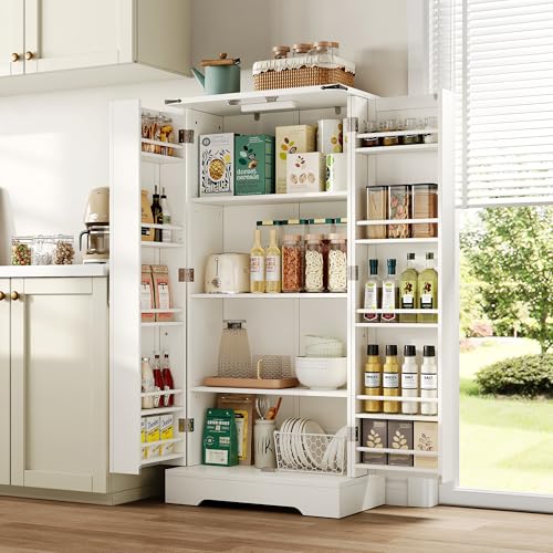 128,5 cm großer Küchenschrank, Bauernhaus-Aufbewahrungsschrank – LED-Speiseschrank mit 2 Flügeltüren und verstellbaren Regalen für kleine Räume im Esszimmer oder Wohnzimmer, weiße Tiefdruckstruktur 128,5 cm großer Küchenschrank, Bauernhaus-Aufbewahrungsschrank – LED-Speiseschrank mit 2 Flügeltüren und verstellbaren Regalen für kleine Räume im Esszimmer oder Wohnzimmer, weiße Tiefdruckstruktur von Crlnaup