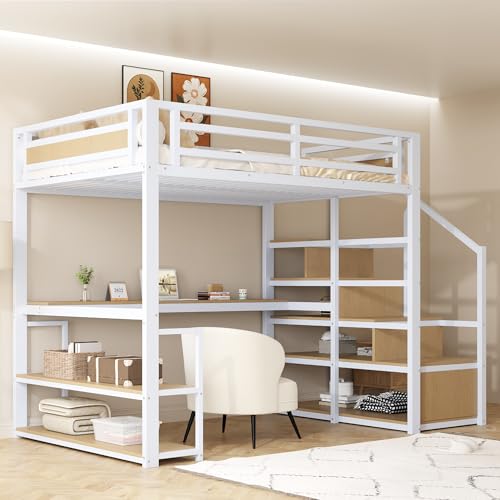140*200 Metall-Hochbett mit Aufbewahrungsleiter mit Regalen und Tisch, Sicherheitszaun-Design mit gespleißten Metallplanken, Hohes Eisenrahmenbett mit Metallrahmen für stabile Unterstützung, Weiß von Crlnaup