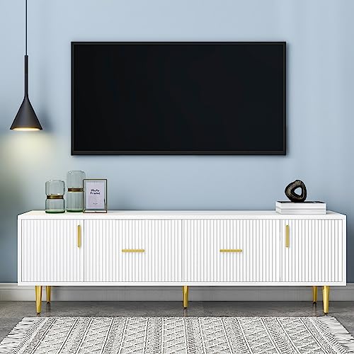 170 cm Langer weißer TV-Ständer für 70-Zoll-TV, goldene Griffe, stilvolles Design mit vertikalen Streifen auf der Vorderseite, 2 Türen, 2 Schubladen, leise Scharniere von Crlnaup