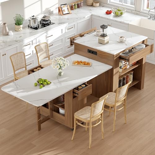Ausziehbarer Bartisch mit Stauraum(110-124×78×97.5cm), für 2-6 Personen, Kücheninseln mit 2 Schubladen, 2 seitliche offene Regale und eingebaute Steckdose,Tischplatte aus weiß marmoriertem MDF,Braun von Crlnaup