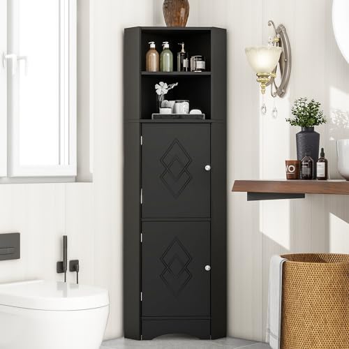 Badschrank, Badmöbel, Eckschrank mit Zwei Ablagefächern, offenes Fach mit verstellbarem Einlegeboden, 36.5X 36.5 x 155 cm, schwarz Badschrank, Badmöbel, Eckschrank mit Zwei Ablagefächern, offenes Fach mit verstellbarem Einlegeboden, 36.5X 36.5 x 155 cm, schwarz von Crlnaup