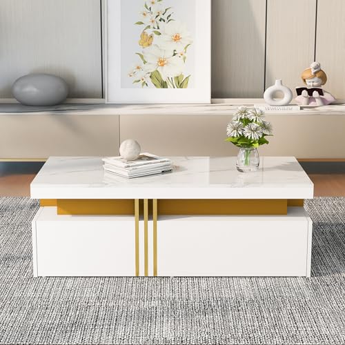 Crlnaup ) Moderner rechteckiger Couchtisch mit Hochglanzplatte mit 2 Holzschubladen, marmorierte Tischplatte, für Wohnzimmer, 100 * 50 * 40 cm von Crlnaup