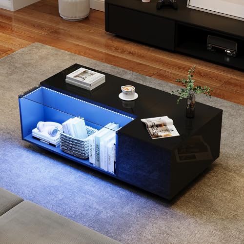 Crlnaup 100 * 50 * 35cm Couchtisch mit LED, Wohnzimmertisch aus gehärtetem Glas, Sofatisch mit viel Stauraum und 2 Schubladen, Hochglanz Kaffeetisch, Beistelltisch, Schwarz von Crlnaup