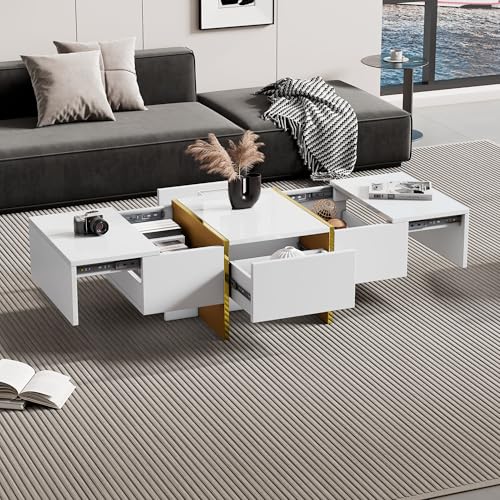 Crlnaup 100 * 50 * 35cm Hochglanz moderner Wohnzimmer-Couchtisch, weiß mit 4 Schubladen Couchtisch, Aufbewahrungs-Wohnzimmertisch, Kleiner Wohnungs-Aufbewahrungs-Beistelltisch Crlnaup 100 * 50 * 35cm Hochglanz moderner Wohnzimmer-Couchtisch, weiß mit 4 Schubladen Couchtisch, Aufbewahrungs-Wohnzimmertisch, Kleiner Wohnungs-Aufbewahrungs-Beistelltisch von Crlnaup