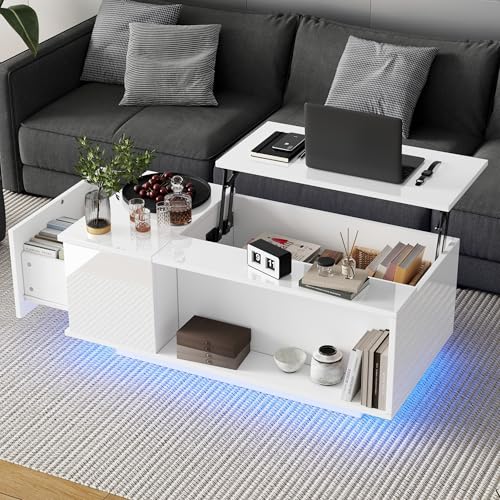 Crlnaup 100 * 50 * 40cm Couchtisch Höhenverstellbarer Kaffeetisch mit Verstecktem Stauraum, Beistelltisch Mit LED-Licht, Wohnzimmertisch Mit Schublade, Tisch, Sofatisch, Weiß Crlnaup 100 * 50 * 40cm Couchtisch Höhenverstellbarer Kaffeetisch mit Verstecktem Stauraum, Beistelltisch Mit LED-Licht, Wohnzimmertisch Mit Schublade, Tisch, Sofatisch, Weiß von Crlnaup
