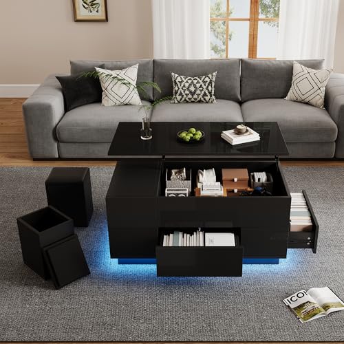 Crlnaup 100 * 50 * 59cm Couchtisch 4-in-1 höhenverstellbarer Sofatisch mit LED,kaffeetisch mit 2 Schubladen,Hochglanztisch mit Sofa und 2 Hockern,Beistelltisch mit verstecktem Stauraum,Schwarz von Crlnaup