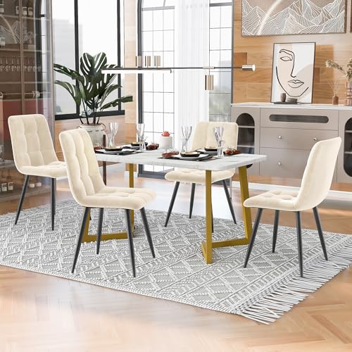 Crlnaup 117cm Esstisch mit 4 Stühlen Set, Rechteckiger Esstisch Moderner Küchentisch Set,Esszimmerstuhl Beige Samt Küchenstuhl,Golden Tischbeine von Crlnaup