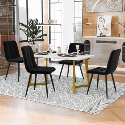 Crlnaup 117cm Esstisch mit 4 Stühlen Set, Rechteckiger Esstisch Moderner Küchentisch Set,Esszimmerstuhl Schwarz Samt Küchenstuhl,Golden Tischbeine von Crlnaup