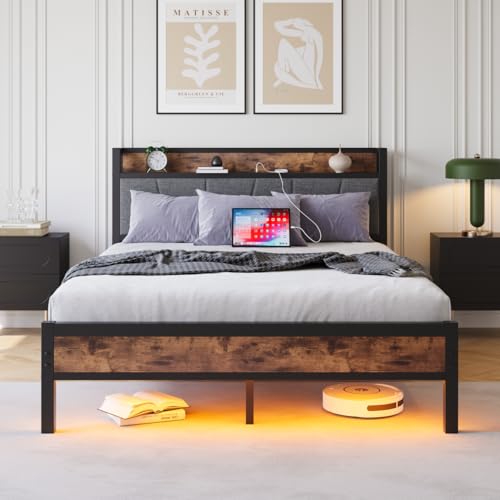 Crlnaup 120x200cm Size Bed Frame with Smart LED Lights, Storage Headboard with USB Charging Station, Heavy Duty Metal Slats Support Platform, Noise Free, Easy Assembly, No Box Spring Needed von Crlnaup