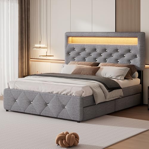 Crlnaup 140 * 200cm (90 * 190cm) Polsterbett, Doppelbett, Podestbett, Polsterbett mit Bettauszug und 2 Schubladen, Nachttisch mit Lichtleiste, Grau von Crlnaup