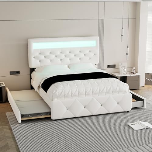 Crlnaup 140 * 200cm (90 * 190cm) Polsterbett, Doppelbett, Podestbett, Polsterbett mit Bettauszug und 2 Schubladen, Nachttisch mit Lichtleiste, Weiß von Crlnaup