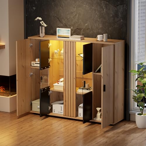 Crlnaup 140 * 35 * 113cm Wohnzimmerseitenschrank,Wohnraum-Beistellschrank mit Trennwand-Design und verstellbaren Trennwänden, Sideboard in Schwarz + Holzfarbe und 4 Türen Crlnaup 140 * 35 * 113cm Wohnzimmerseitenschrank,Wohnraum-Beistellschrank mit Trennwand-Design und verstellbaren Trennwänden, Sideboard in Schwarz + Holzfarbe und 4 Türen von Crlnaup