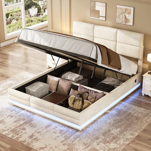 Crlnaup 140 x 200cm Bettgestell aus weichem Samt mit USB Type C Ladefunktion und LED Beleuchtung, Hydrauliksystem Stauraum Bettgestell aus Samtmaterial Jugendbett mit Lattenrost, Beige von Crlnaup