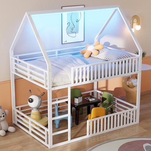 Crlnaup 140x200 Haus-Etagenbett mit Zaun und LED-Licht, Weiß Crlnaup 140x200 Haus-Etagenbett mit Zaun und LED-Licht, Weiß von Crlnaup