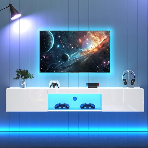 Crlnaup 160 * 31 * 22cm weißer Hochglanz-Hängeschrank für 70-Zoll-TV, 30kg Tragfähigkeit, mit LED-Beleuchtung, Bluetooth-APP-Steuerung,Wandmontierter TV-Ständer von Crlnaup