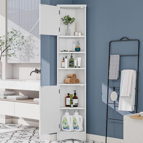 Crlnaup 36.5 x 24.5 x 170cmDreieckiger Badezimmerschrank, Volllackierung,feuchtigkeitsbeständiger Lack, DREI offene Ablagefächer, Doppeltüren, verstellbare Einlegeböden, platzsparend, weiß von Crlnaup