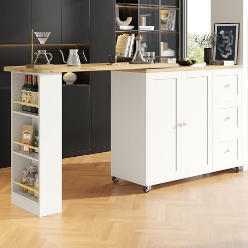 Crlnaup 360° drehbarer Stehtisch (138-209 x 39 x 106 cm) auf Rollen, weiß, mit DREI Schubladen. Kommt mit Snackhalter. Multifunktionale Aufbewahrungsinsel, geeignet für Küche und Wohnzimmer. von Crlnaup