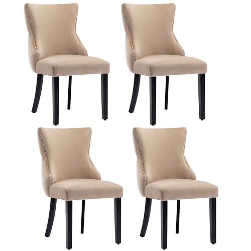 Crlnaup 4-Fußstuhl, Stuhl Beige Samt Esszimmerstuhl, mit Knopfsteppung, Gestell aus Massivholz, Beige(Set, 4 St) von Crlnaup