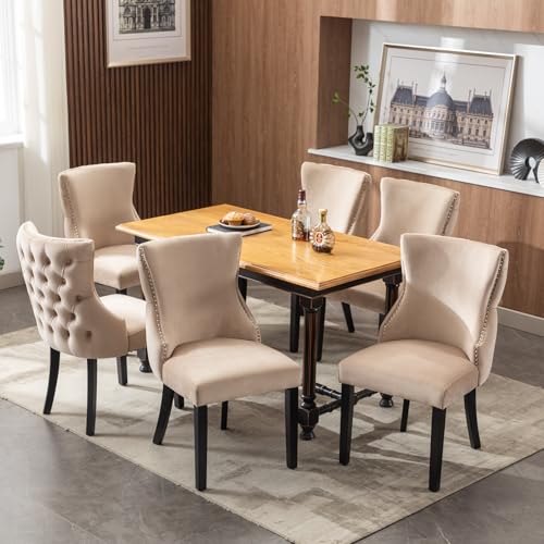 Crlnaup 4-Fußstuhl, Stuhl Beige Samt Esszimmerstuhl, mit Knopfsteppung, Gestell aus Massivholz, Beige(Set, 6 St) von Crlnaup